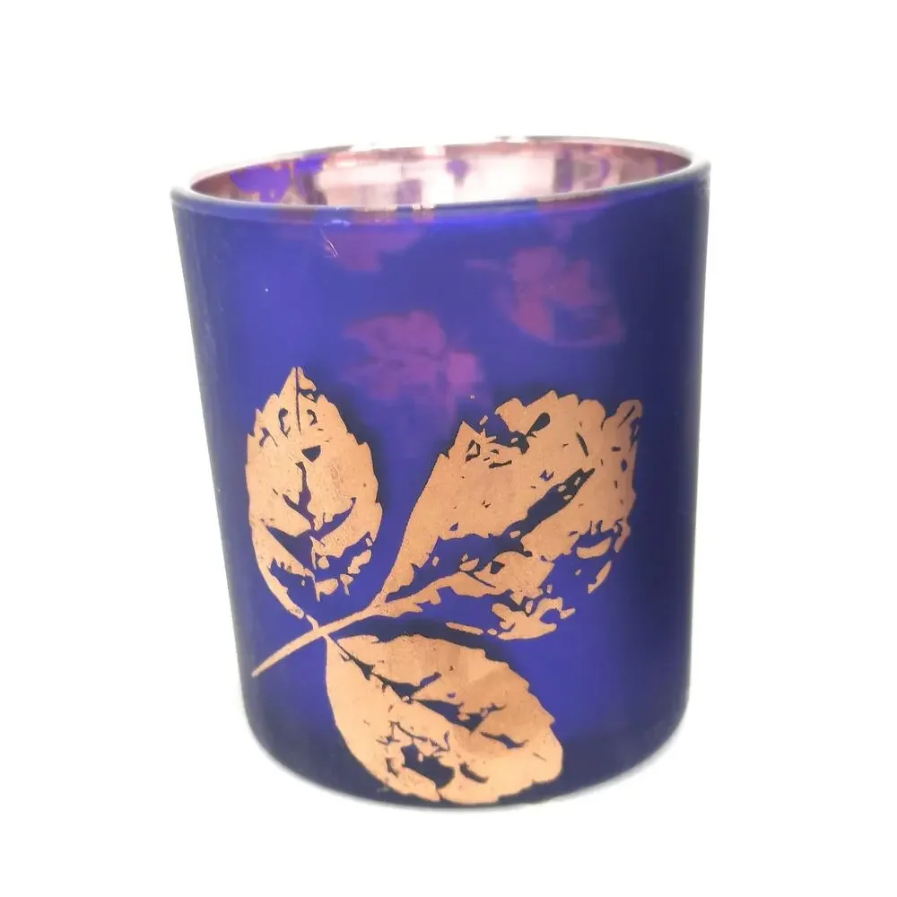 Yankee Candle Votive Candle Holders Pair Midnight Fall Glass Purple Copper Leaf